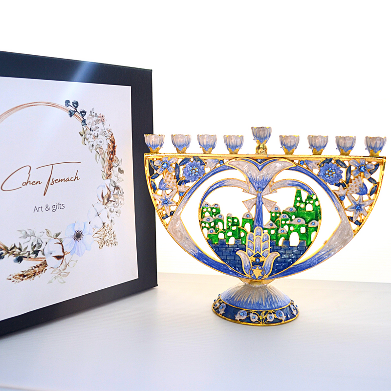 Cohen Tsemach Art&Gift Hanukkiah Blue Enamel Jerusalem pomegranate Menorah amazing menorah, combined with the old city of Jerusalem.