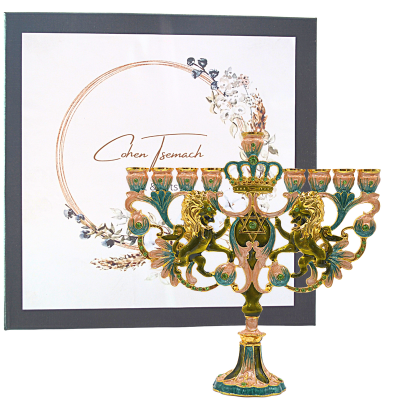 Cohen Tsemach Art&Gift Turquoise Hanukkah Menorah Enamel Lions Star Of David Hanukkiah