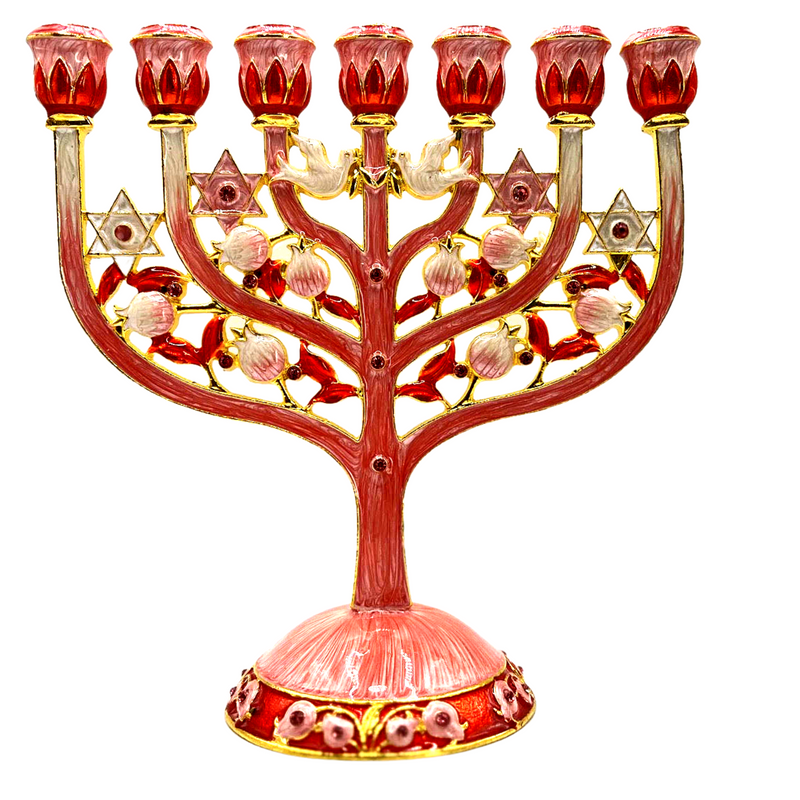 Cohen Tsemach Art & Gift 7 Branch Menorah Candle Holder Crystal Rhinestones Bejeweled Hand-Painted Star of David Enamel Candlesticks Motifs of pomegranates and doves pink