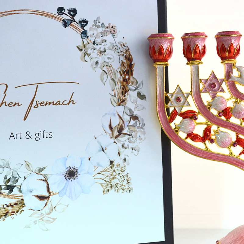 Cohen Tsemach Art & Gift 7 Branch Menorah Candle Holder Crystal Rhinestones Bejeweled Hand-Painted Star of David Enamel Candlesticks Motifs of pomegranates and doves pink