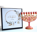 Cohen Tsemach Art & Gift 7 Branch Menorah Candle Holder Crystal Rhinestones Bejeweled Hand-Painted Star of David Enamel Candlesticks Motifs of pomegranates and doves pink