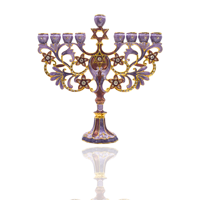 Cohen Tsemach Art & Gift Hand Painted Enamel Menorah Star of David purple Hanukkiah hanukkah