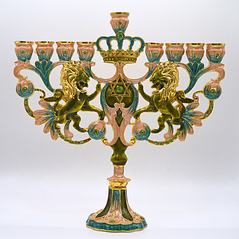 Cohen Tsemach Art&Gift Turquoise Hanukkah Menorah Enamel Lions Star Of David Hanukkiah