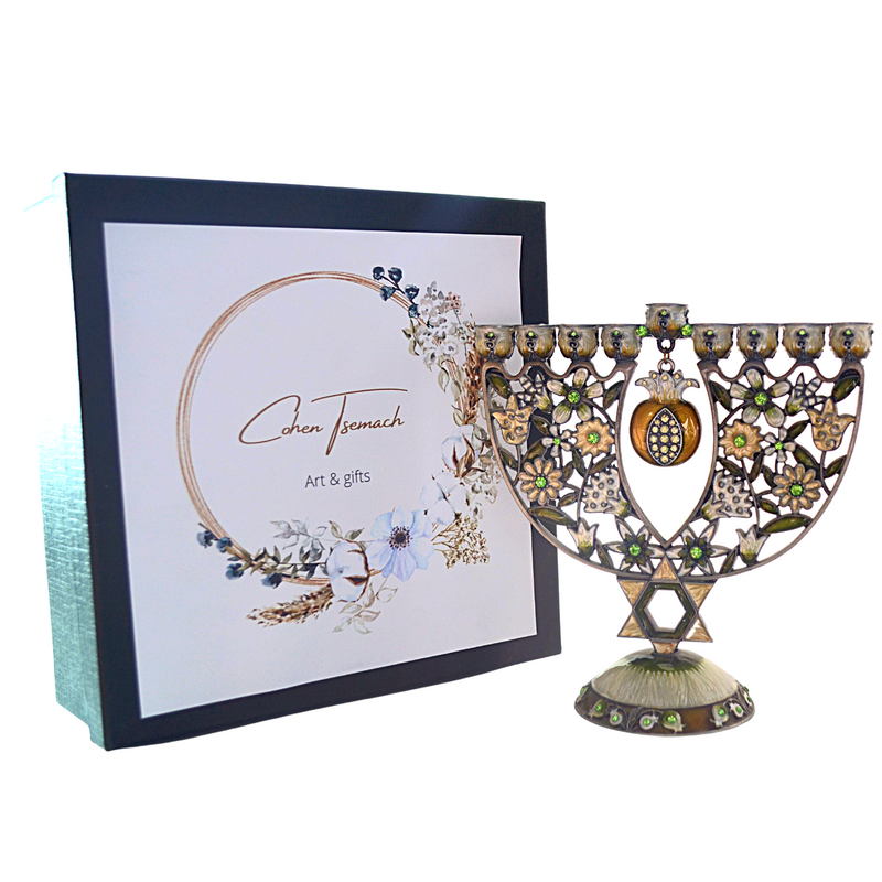 Cohen Tsemach Art&Gift Amazing Menorah Hanukkiah handmade,Green pomegranate