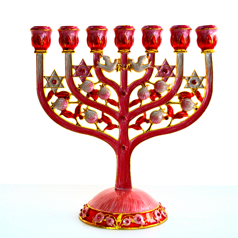 Cohen Tsemach Art & Gift 7 Branch Menorah Candle Holder Crystal Rhinestones Bejeweled Hand-Painted Star of David Enamel Candlesticks Motifs of pomegranates and doves pink