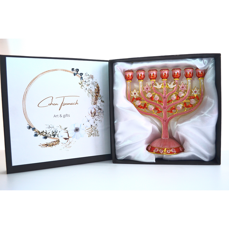 Cohen Tsemach Art & Gift 7 Branch Menorah Candle Holder Crystal Rhinestones Bejeweled Hand-Painted Star of David Enamel Candlesticks Motifs of pomegranates and doves pink