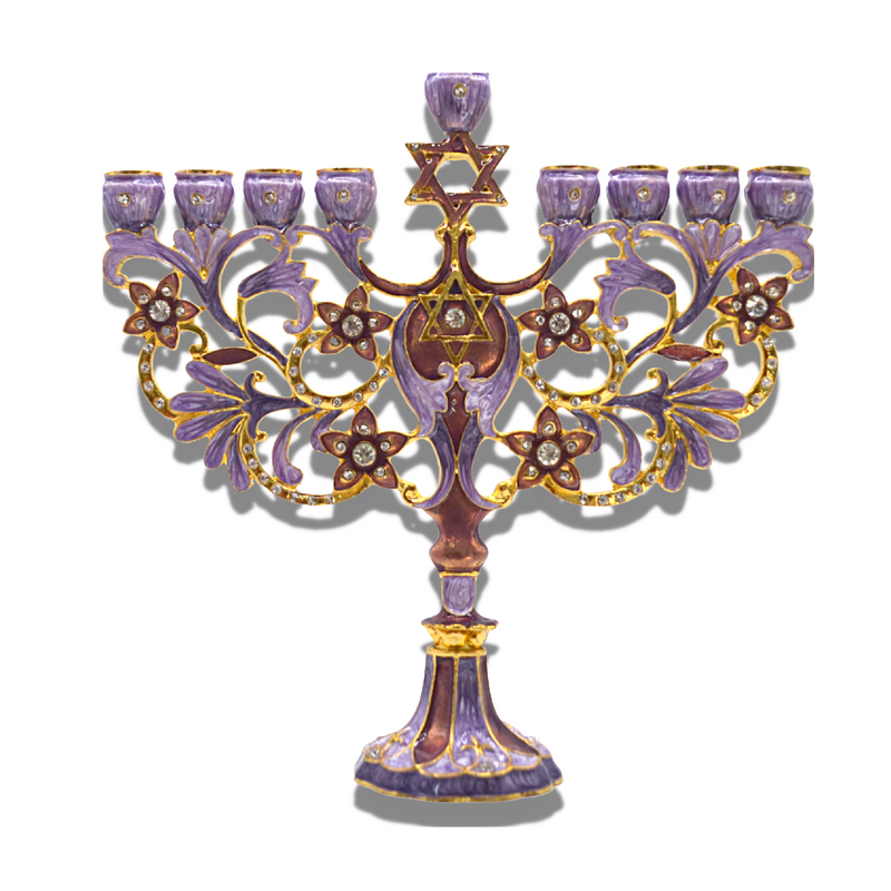 Cohen Tsemach Art & Gift Hand Painted Enamel Menorah Star of David purple Hanukkiah hanukkah