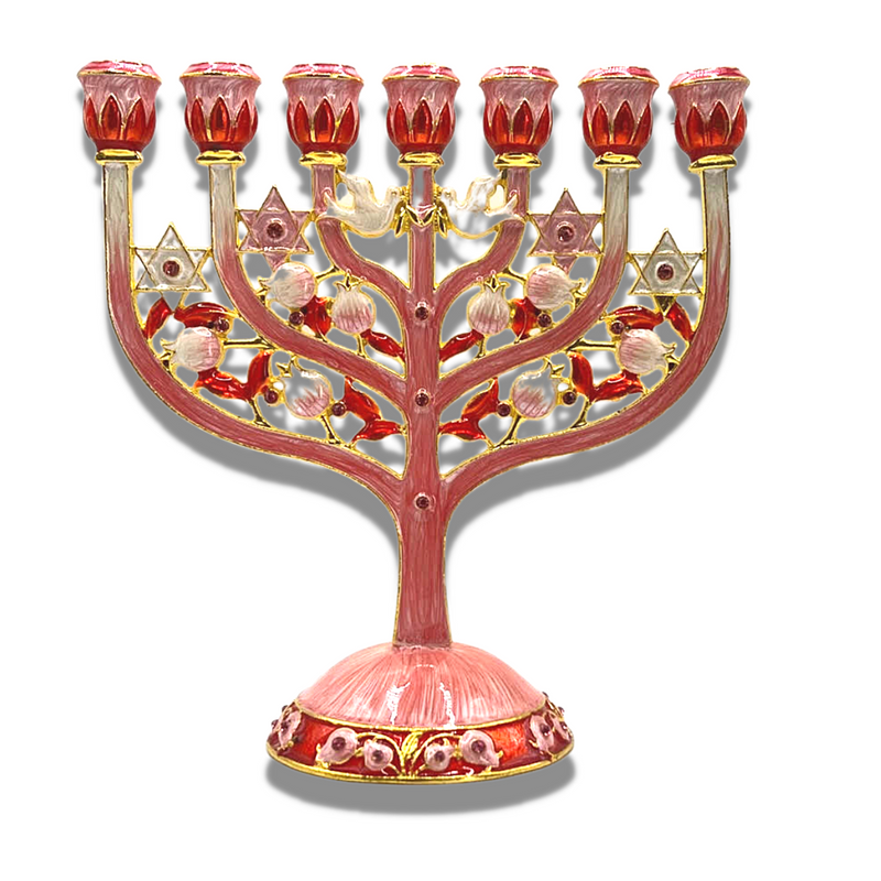 Cohen Tsemach Art & Gift 7 Branch Menorah Candle Holder Crystal Rhinestones Bejeweled Hand-Painted Star of David Enamel Candlesticks Motifs of pomegranates and doves pink