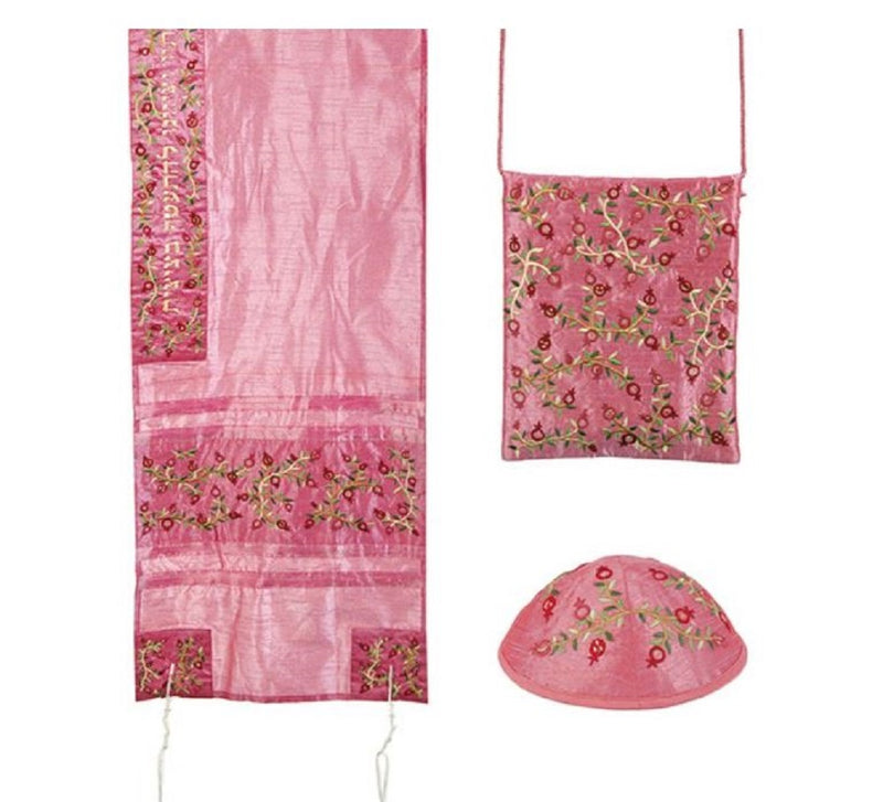 SET Tallit+kippa+bag Embroidered Silk 16"X70" Emanuel Women Tree of life Pink