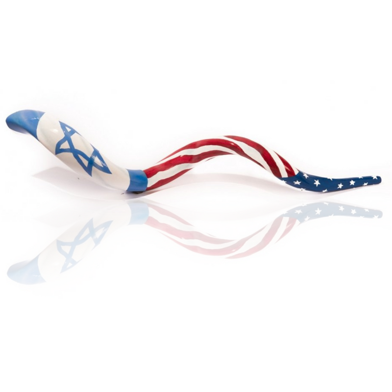 Hand Painted Yemenite kudu Shofar with United States - Israel Flag